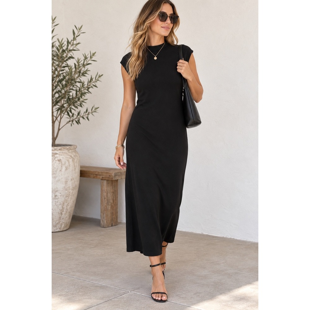 Theory Black Sleeveless High Neck Maxi Dress 90s Minimalism Quiet Luxury
